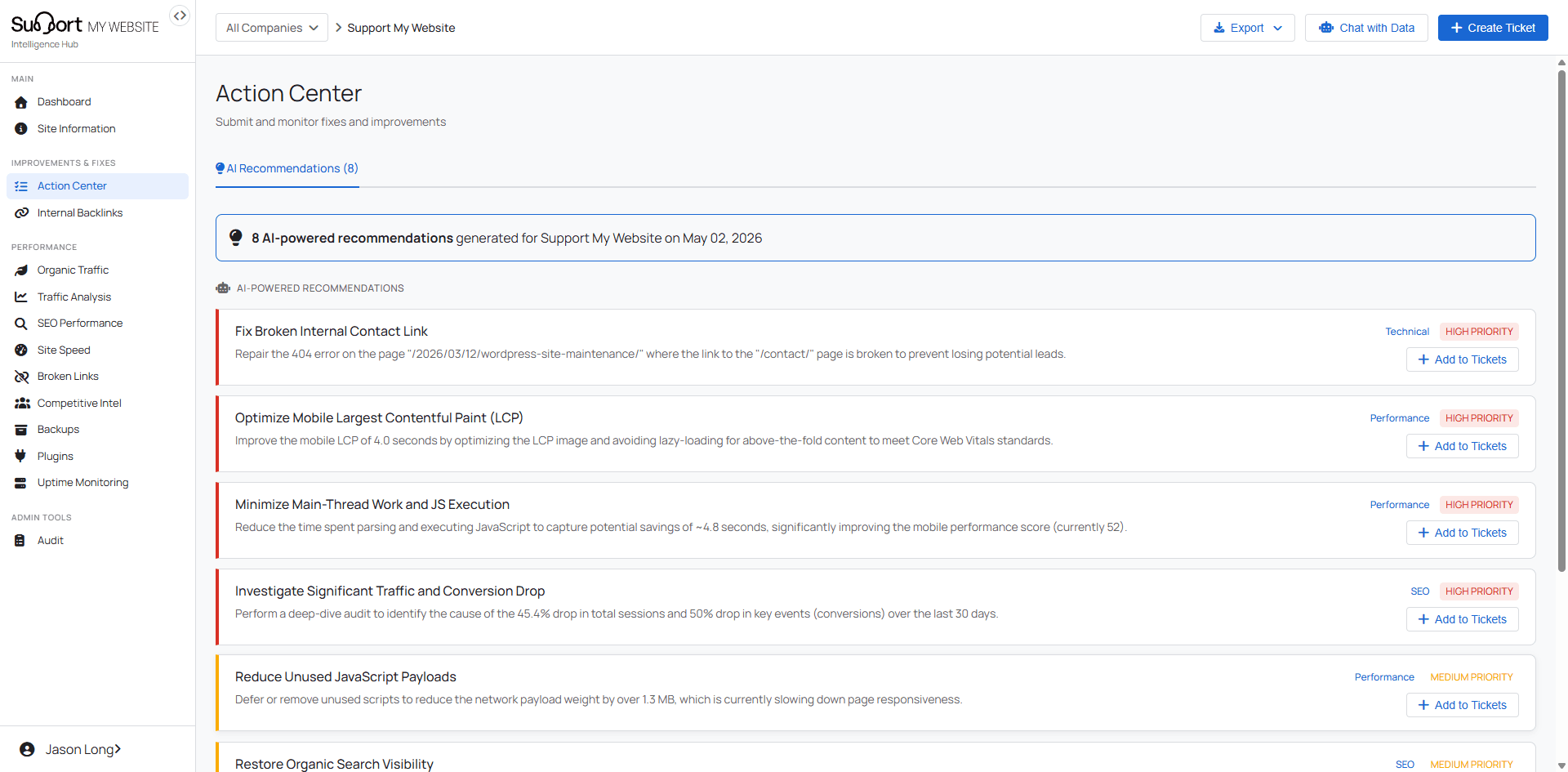 Action Center showing AI-powered recommendations prioritized by impact
