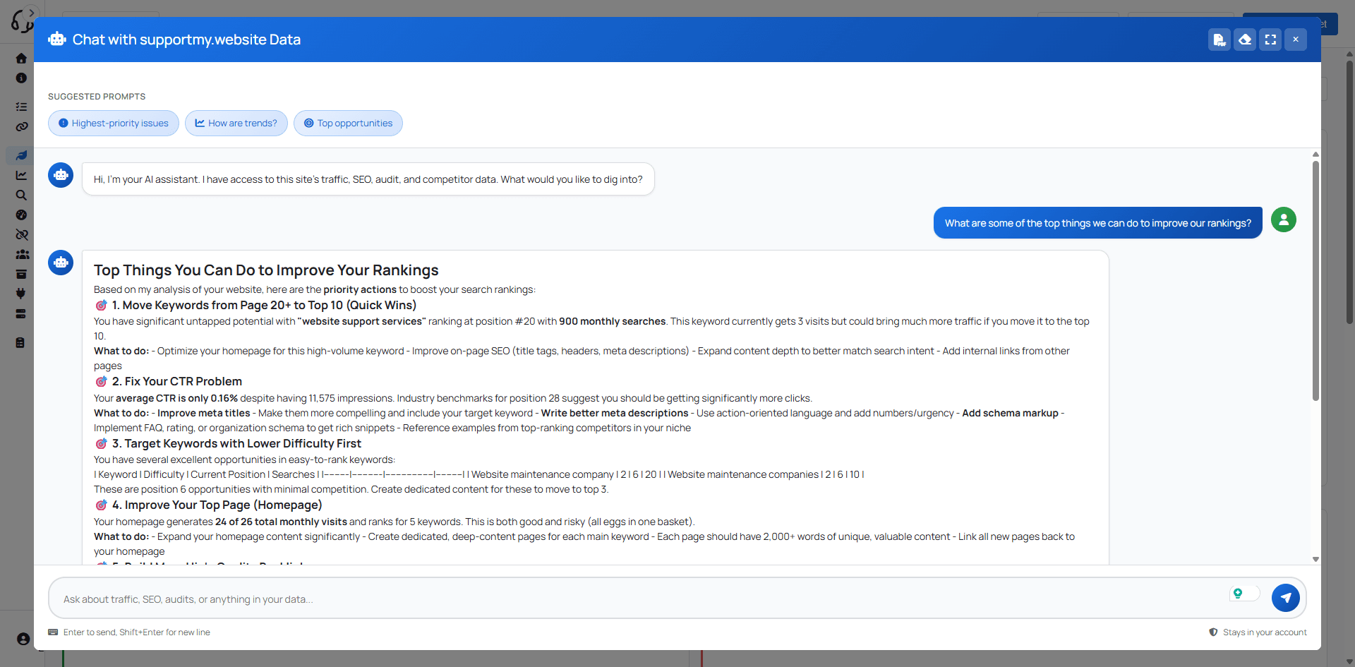 Chat with supportmy.website Data interface showing a question about ranking improvements answered with prioritized recommendations