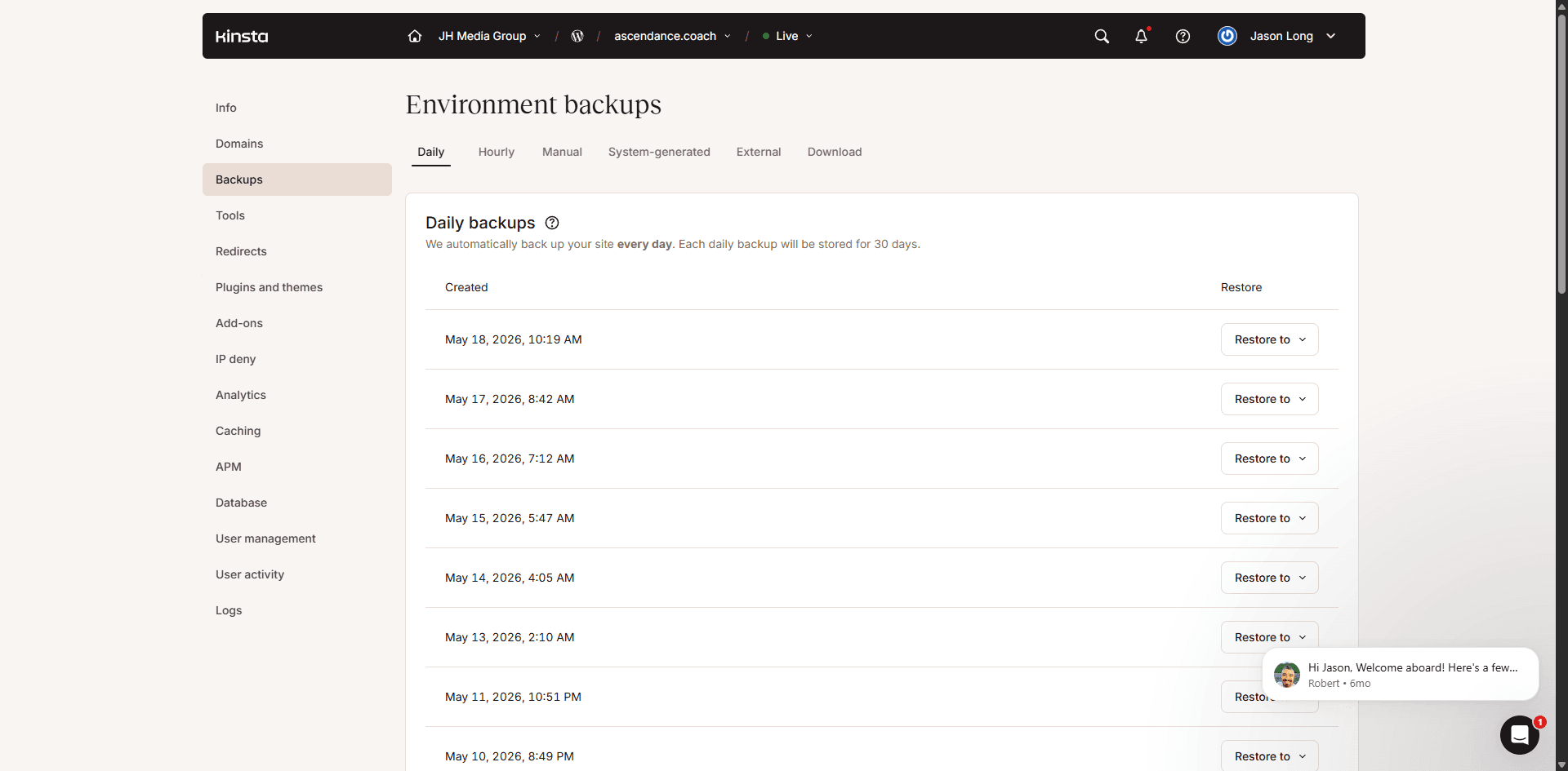 Kinsta environment backups panel showing daily backup history with restore controls