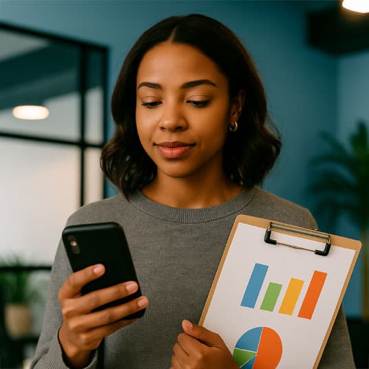A business owner checking site performance on a phone